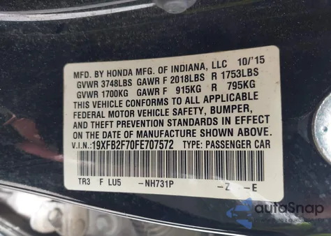 2015 Honda Civic Se z USA, uszkodzony, nr VIN 19XFB2F70FE707572